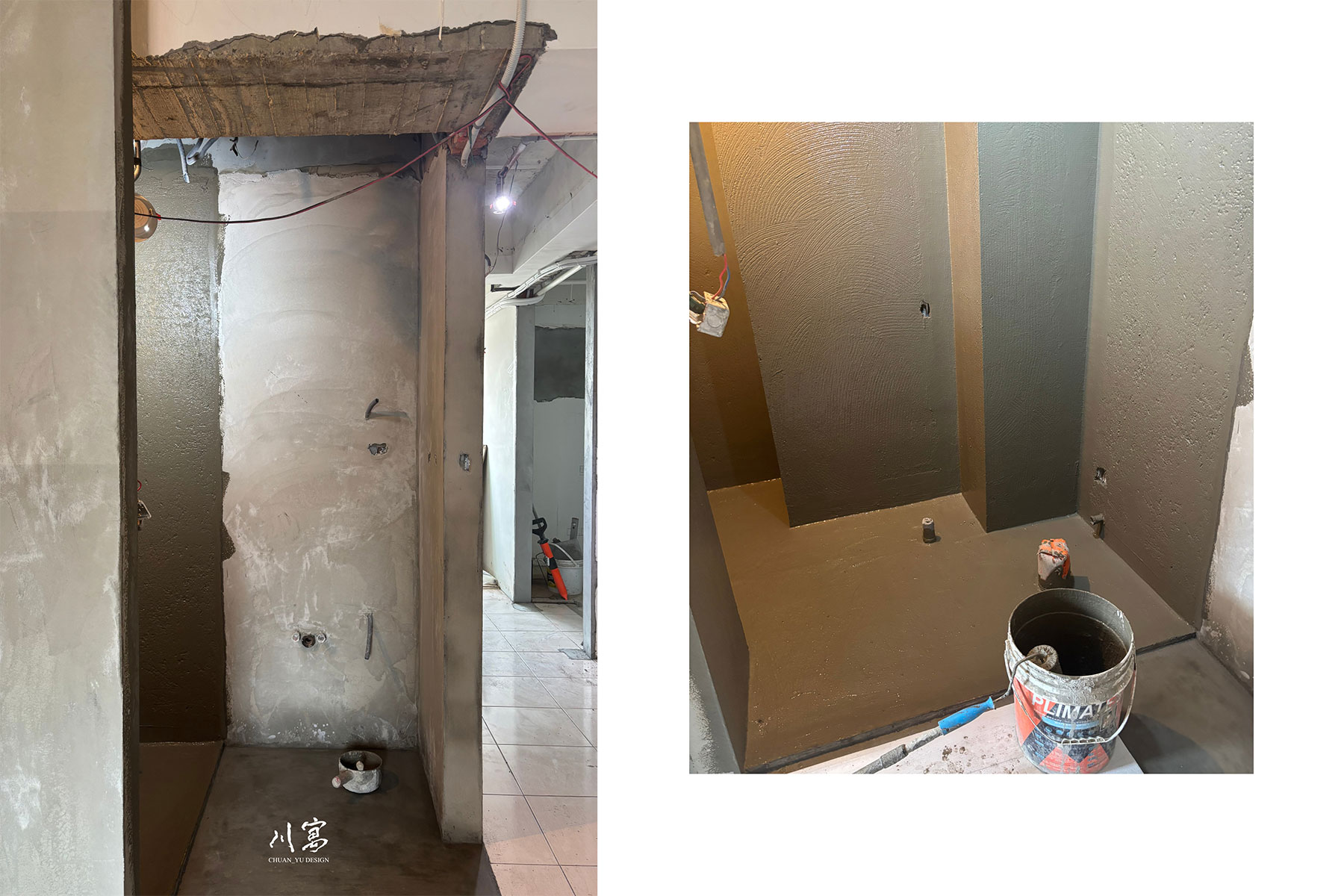 衛浴空間防水施工實況，施作多層防水塗料並針對轉角處進行纖維網加固，落實川寓嚴格防護標準。