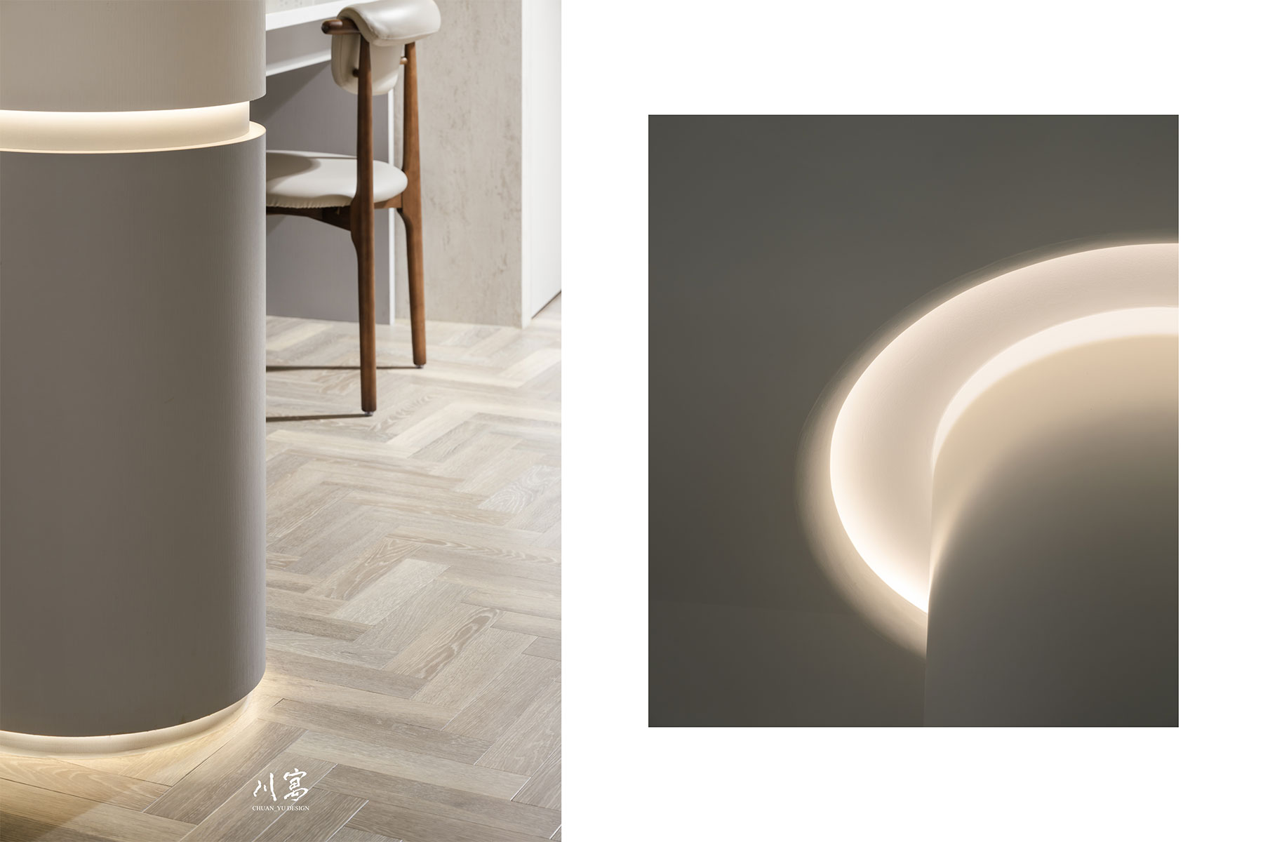 圓柱結構細節，柱體上下配置隱藏燈條，勾勒空間立體感