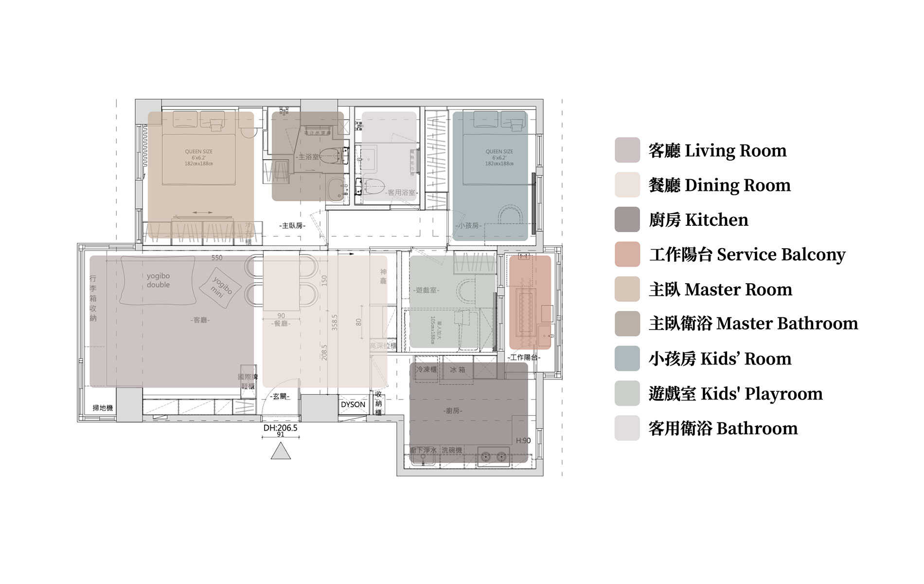 暖霧木宅平面圖，公共空間串聯，臥室配置回歸純粹與放鬆