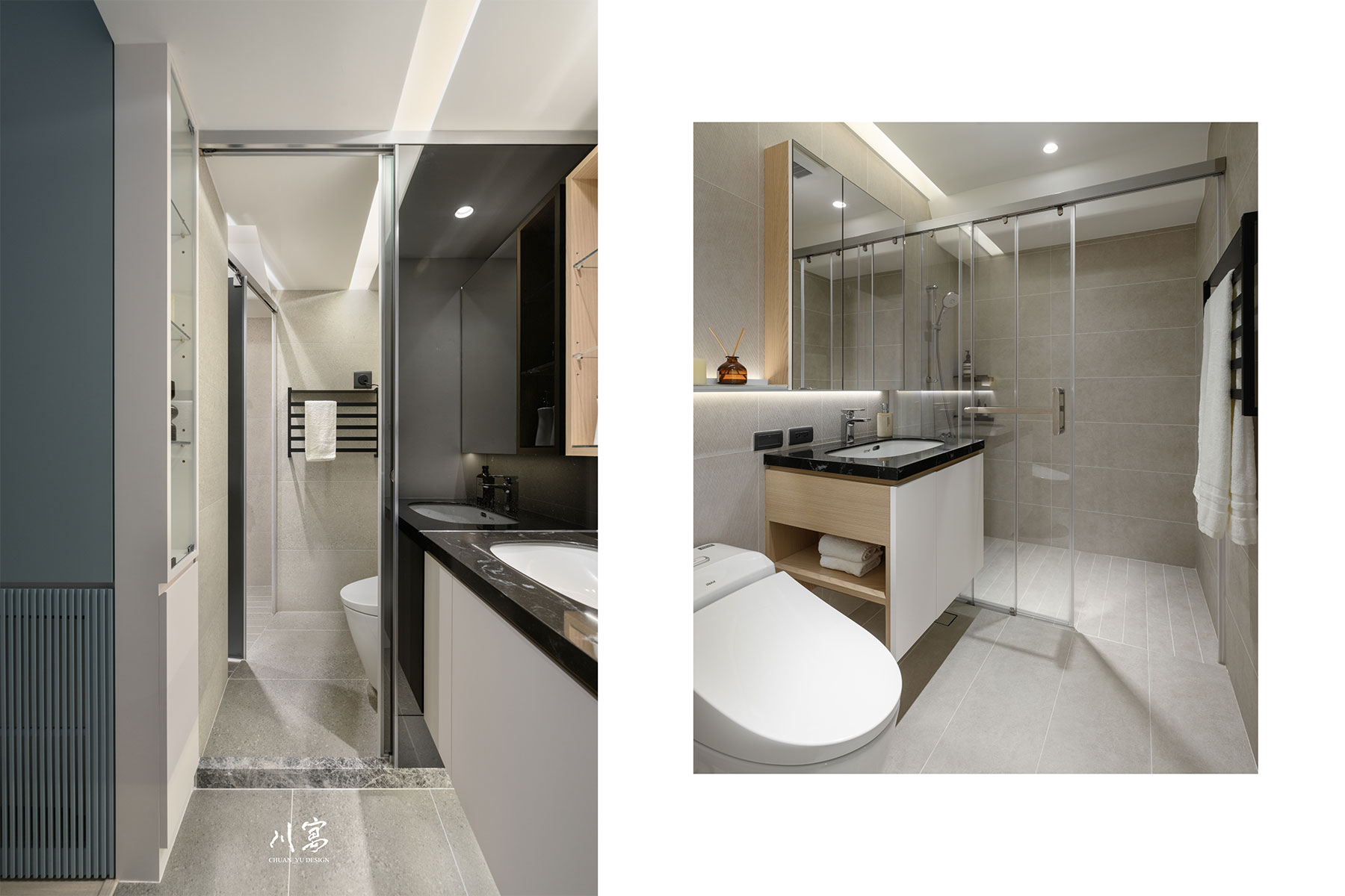 主、客衛浴空間設計，延續整體木質與柔和色系，兼顧實用與清爽感