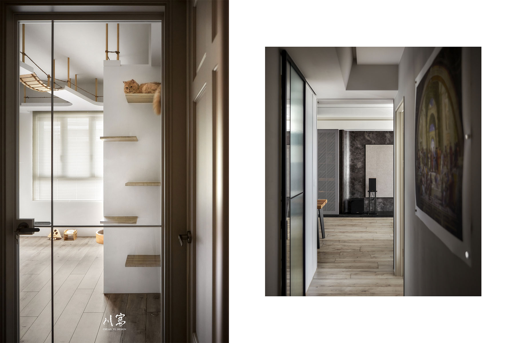 走道空間設計，黑色鐵件門框搭配玻璃拉門，串聯各空間動線